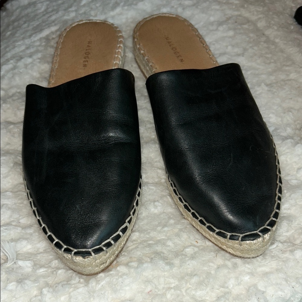 Halogen Black Leather Espadrille Mules